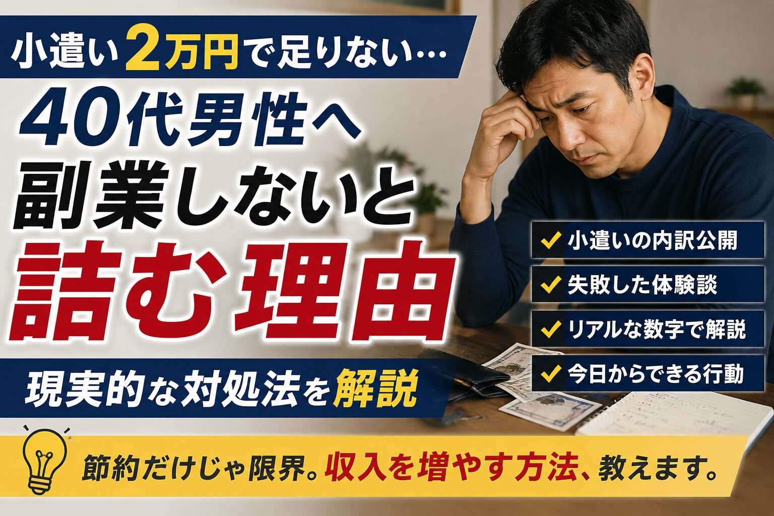 小遣い2万円で足りない40代男性へ｜副業しないと詰む理由と現実的な対処法