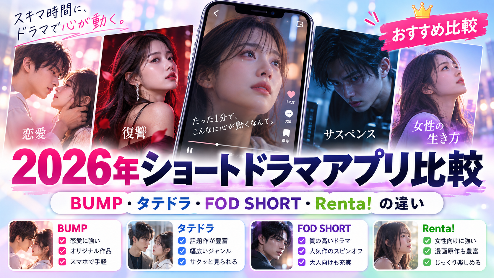 2026年ショートドラマアプリ・サービスおすすめ比較｜BUMP・タテドラ・FOD SHORT・Renta!の違い